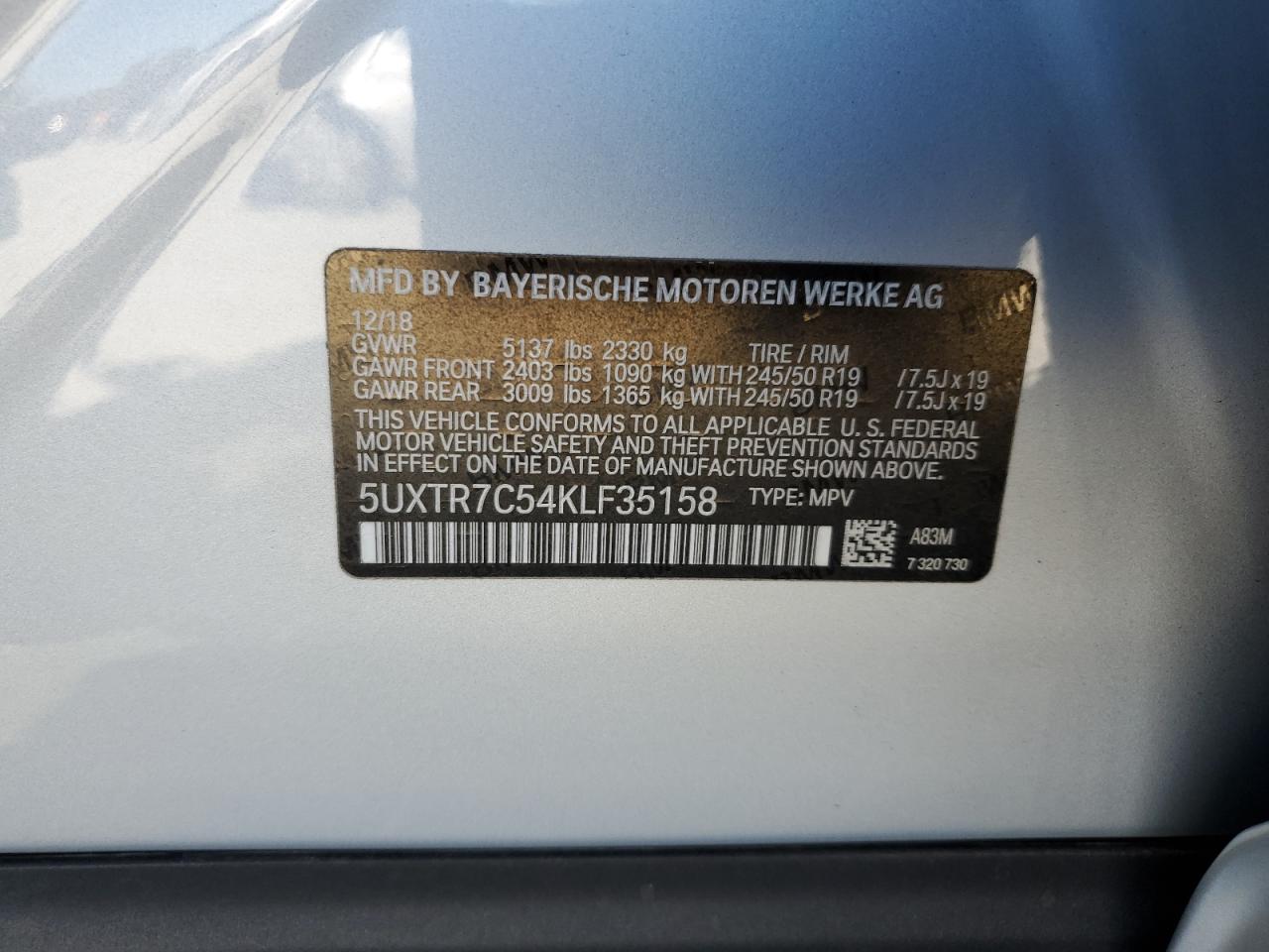 2019 BMW X3 Sdrive30I VIN: 5UXTR7C54KLF35158 Lot: 82452095