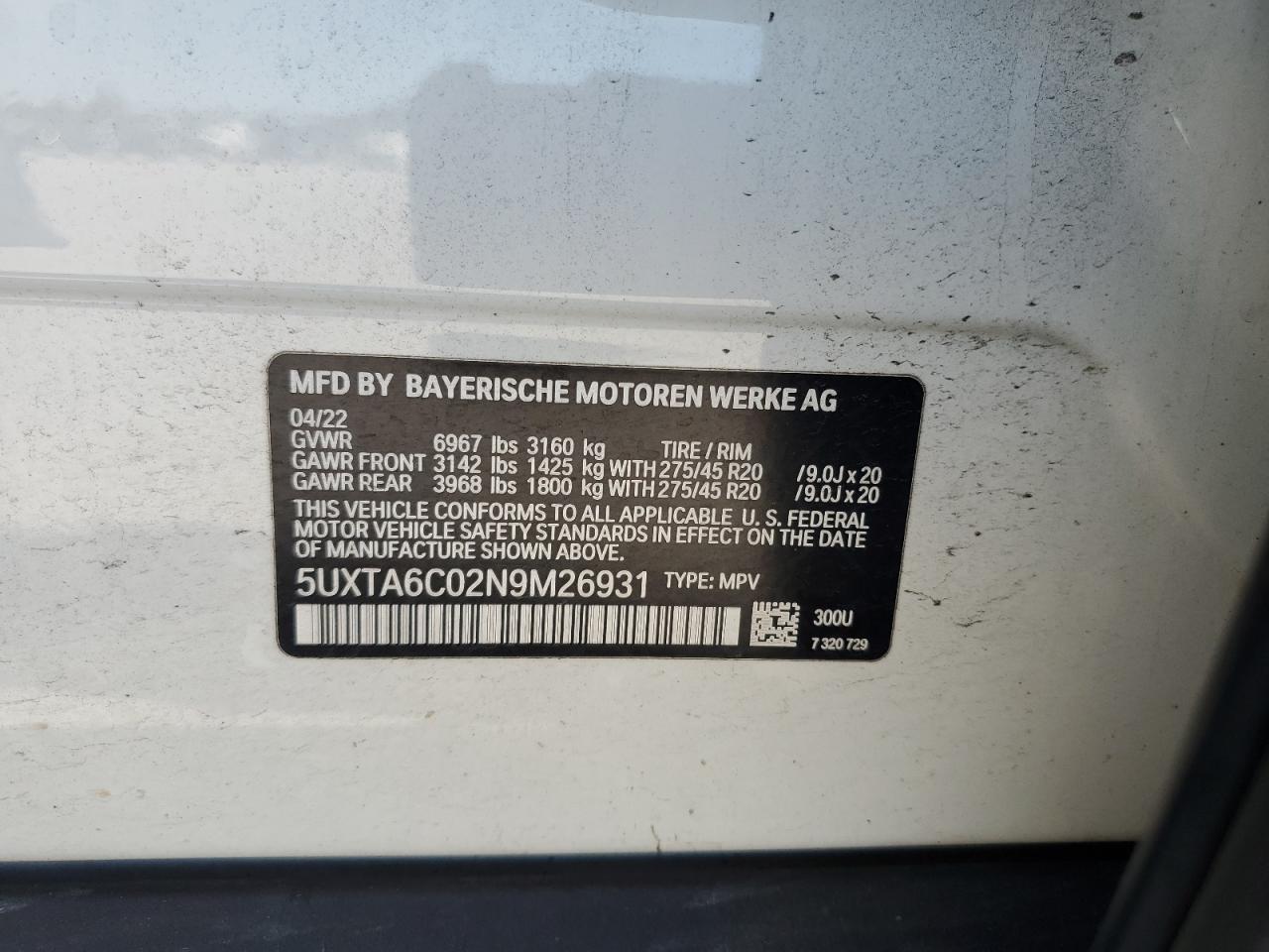 2022 BMW X5 xDrive45E VIN: 5UXTA6C02N9M26931 Lot: 86080325