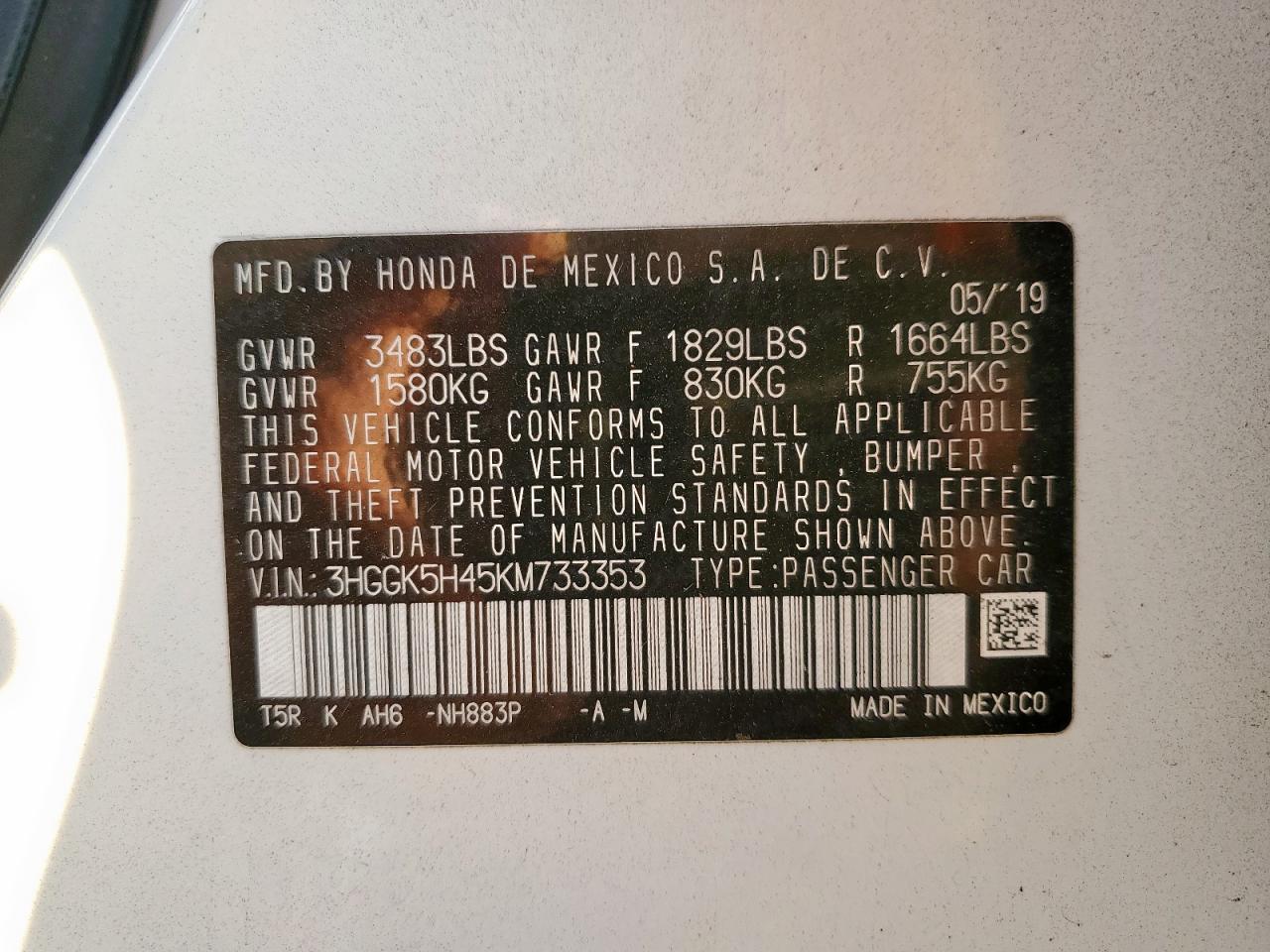 2019 Honda Fit Lx VIN: 3HGGK5H45KM733353 Lot: 86223705