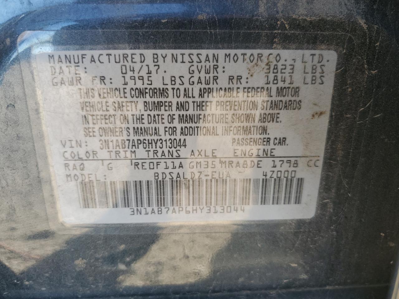 2017 Nissan Sentra S VIN: 3N1AB7AP6HY313044 Lot: 85200555