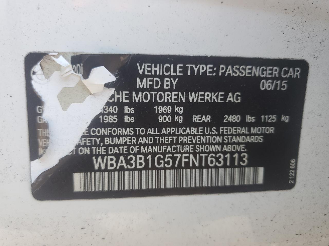 2015 BMW 320 I VIN: WBA3B1G57FNT63113 Lot: 85161765