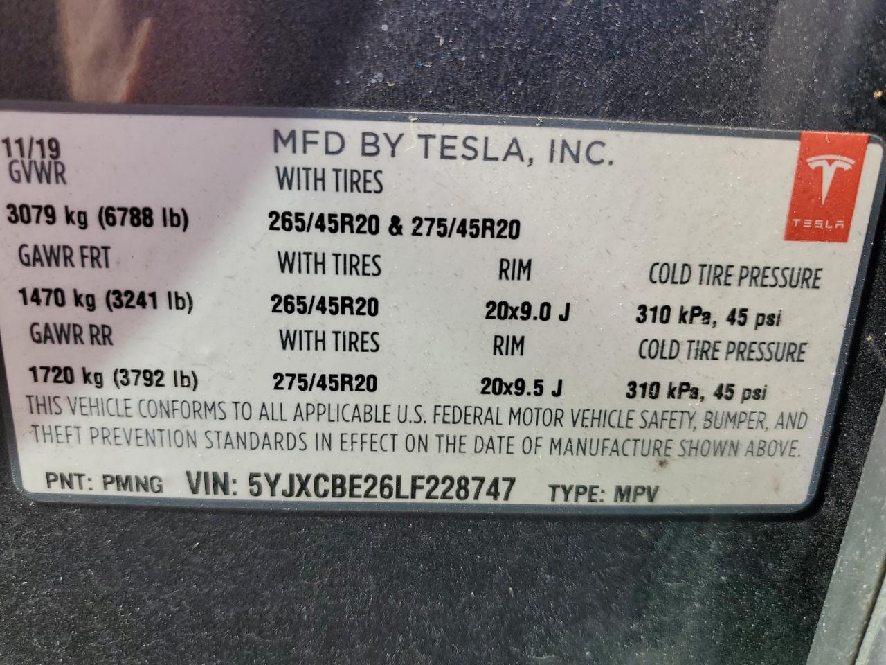 2020 Tesla Model X VIN: 5YJXCBE26LF228747 Lot: 84888775