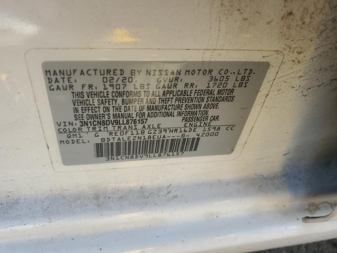 2020 Nissan Versa S VIN: 3N1CN8DV9LL876157 Lot: 85694625