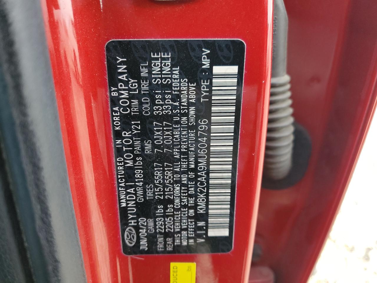2021 Hyundai Kona Sel VIN: KM8K2CAA9MU604796 Lot: 86139035