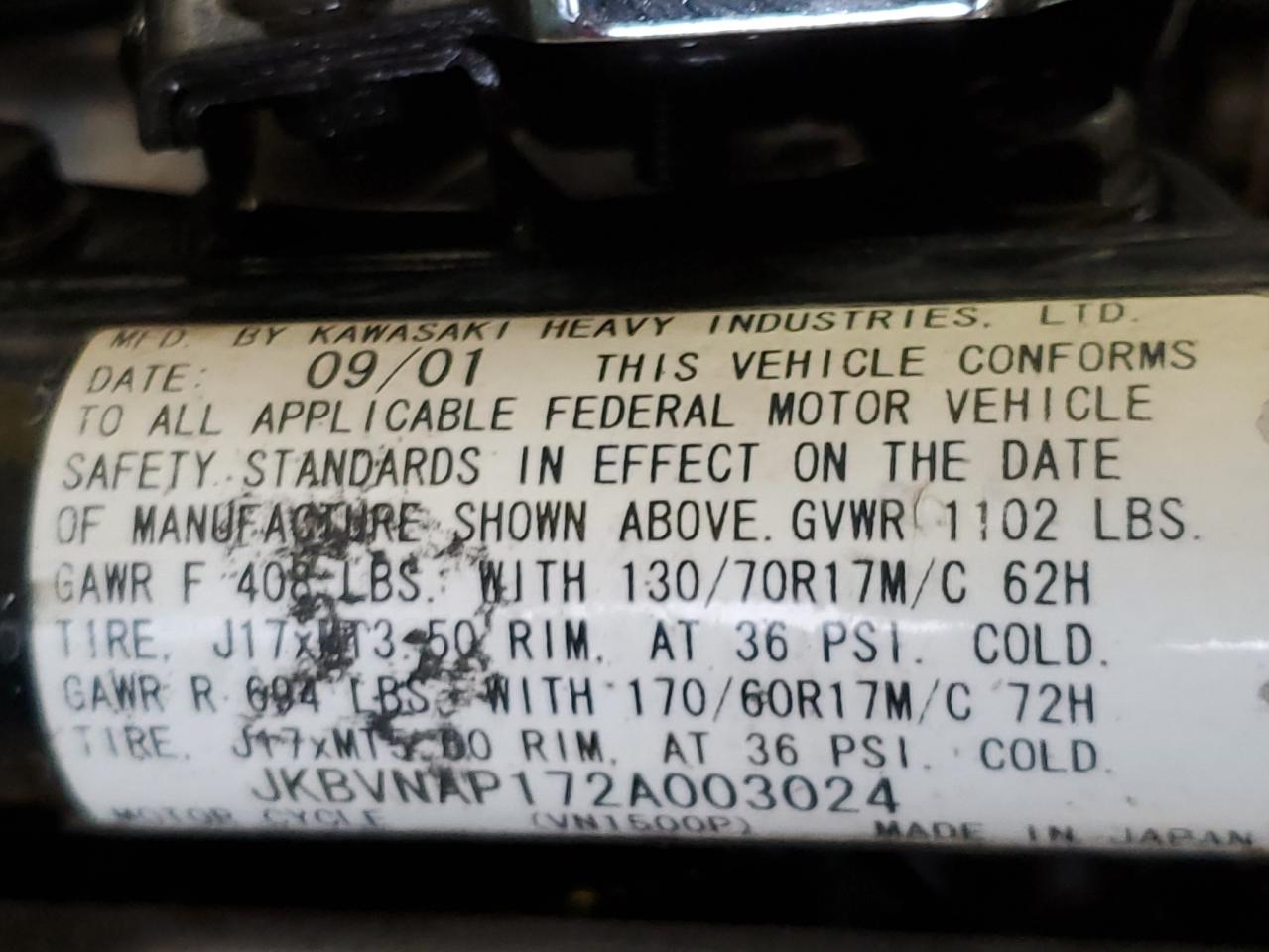 2002 Kawasaki Vn1500 P1 VIN: JKBVNAP172A003024 Lot: 85721895