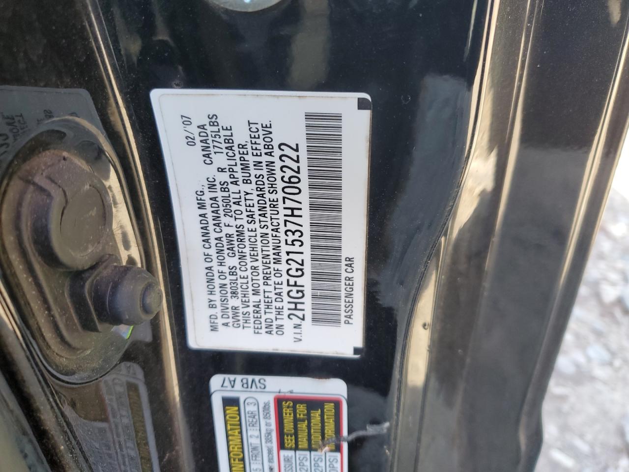 2007 Honda Civic Si VIN: 2HGFG21537H706222 Lot: 84747535