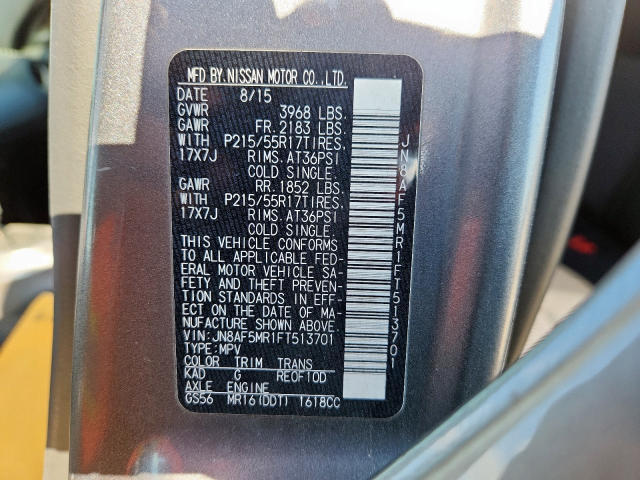 2015 Nissan Juke S VIN: JN8AF5MR1FT513701 Lot: 86129095