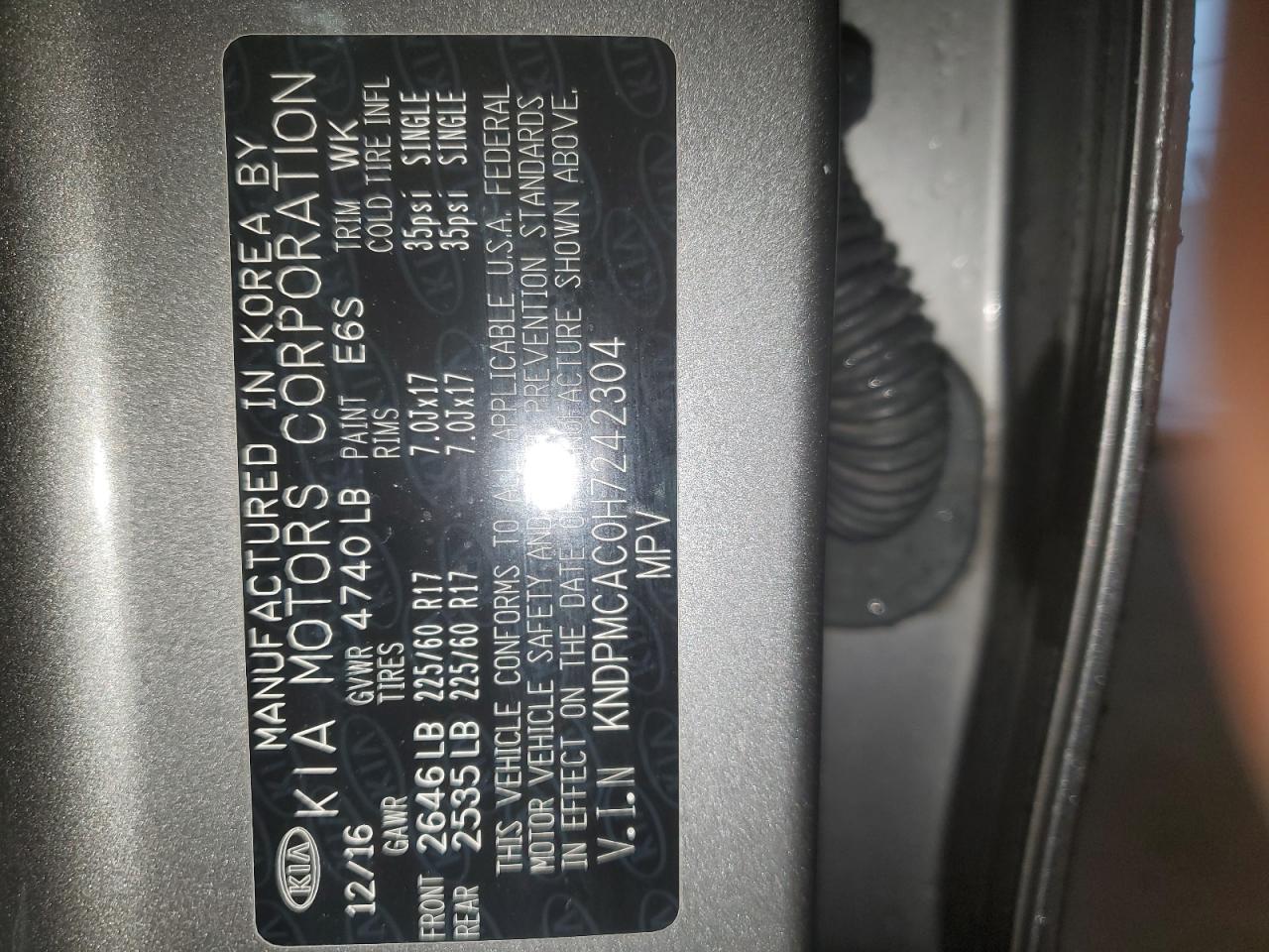 2017 Kia Sportage Lx VIN: KNDPMCAC0H7242304 Lot: 85495035