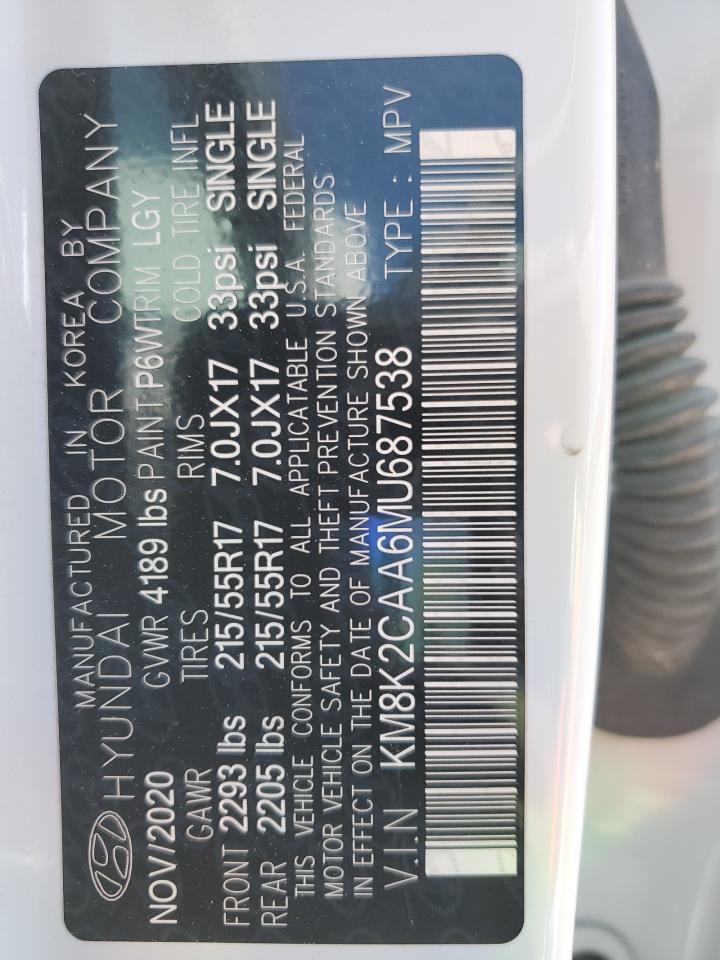 2021 Hyundai Kona Sel VIN: KM8K2CAA6MU687538 Lot: 85005465