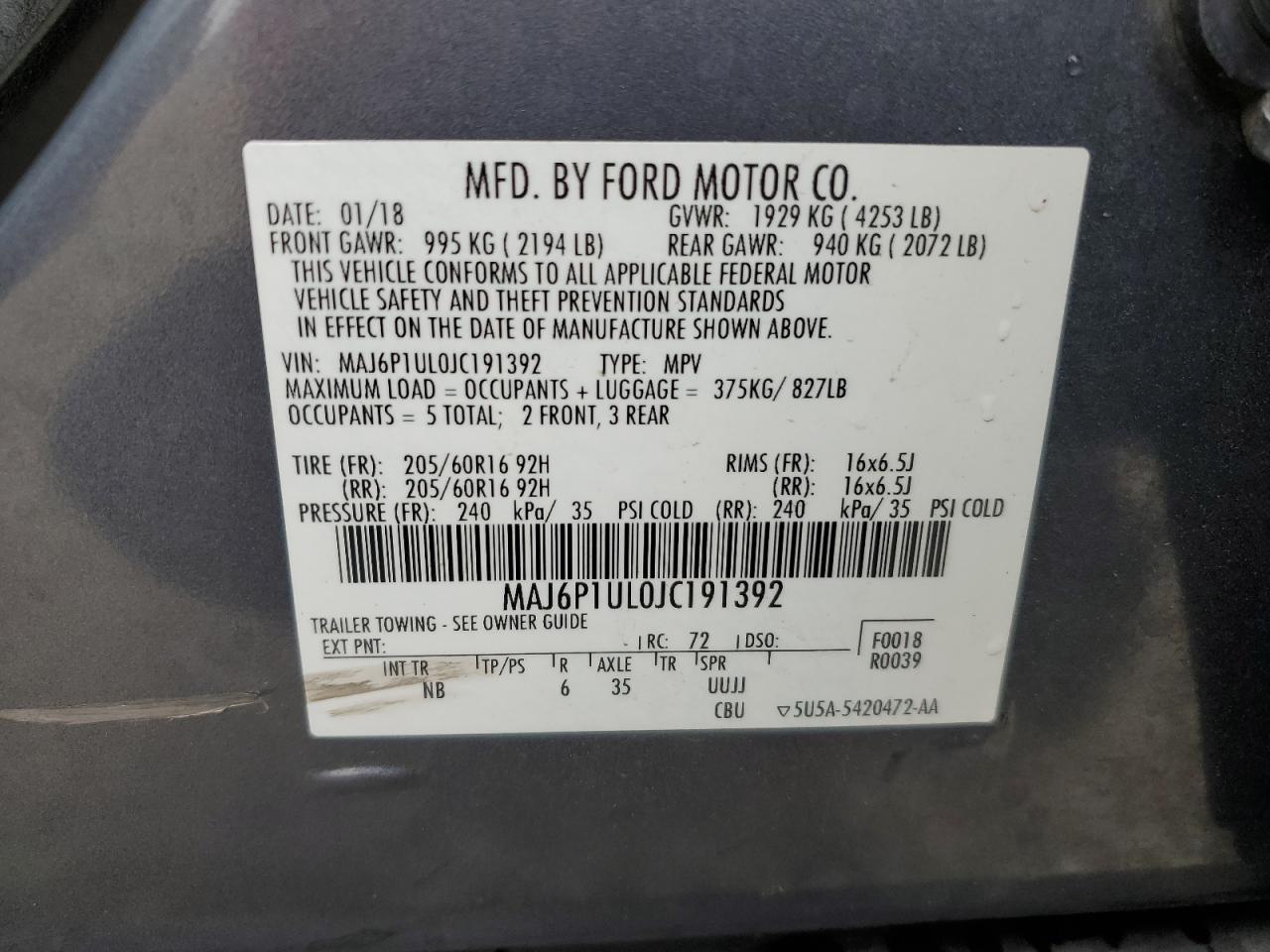 2018 Ford Ecosport Se VIN: MAJ6P1UL0JC191392 Lot: 81925105