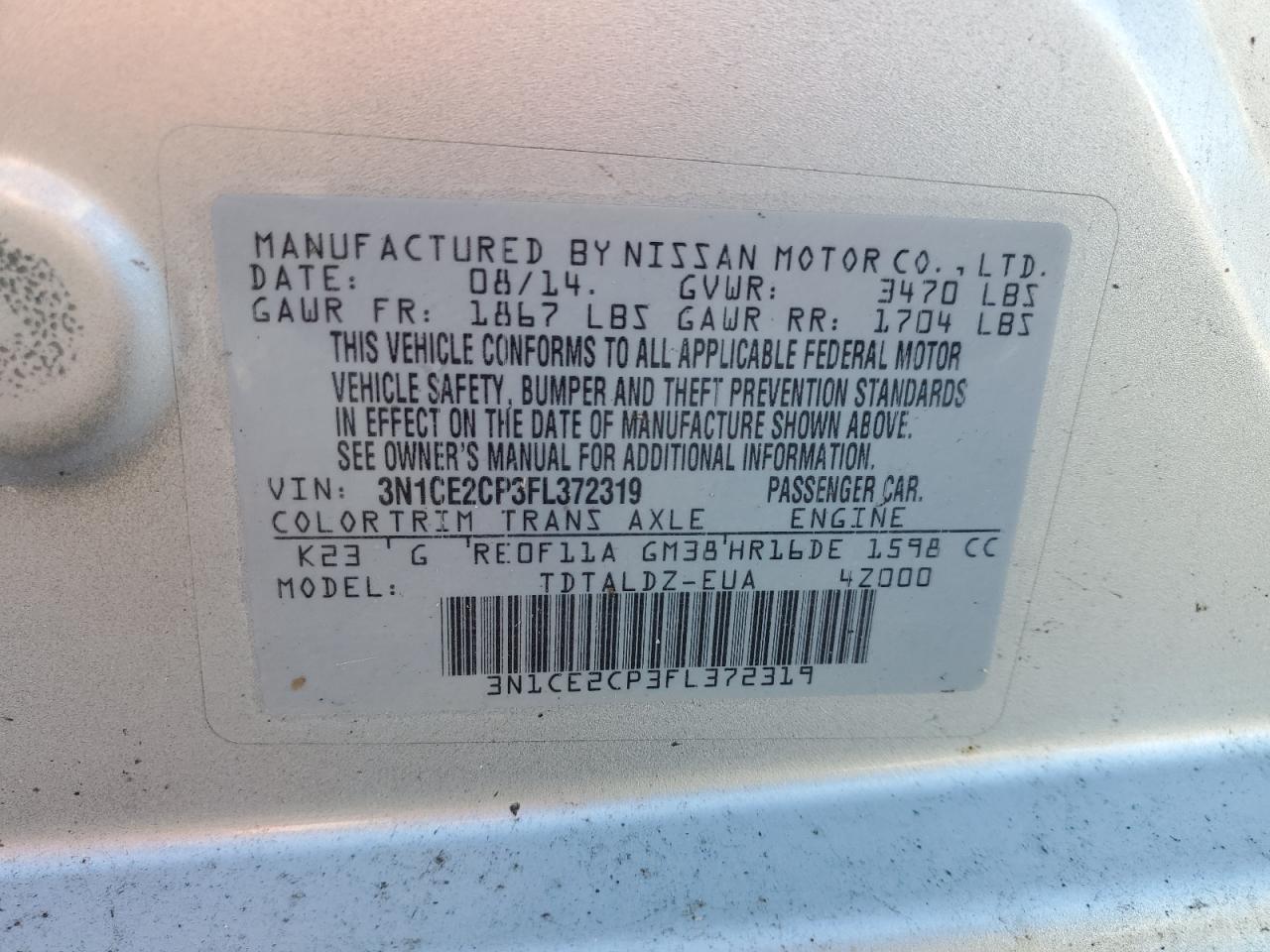 2015 Nissan Versa Note S VIN: 3N1CE2CP3FL372319 Lot: 87369185