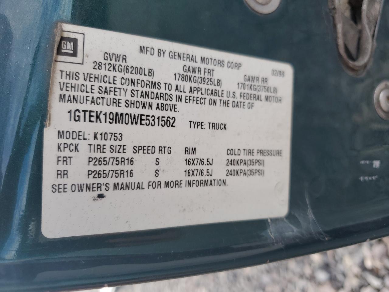 1998 GMC Sierra K1500 VIN: 1GTEK19M0WE531562 Lot: 82366465