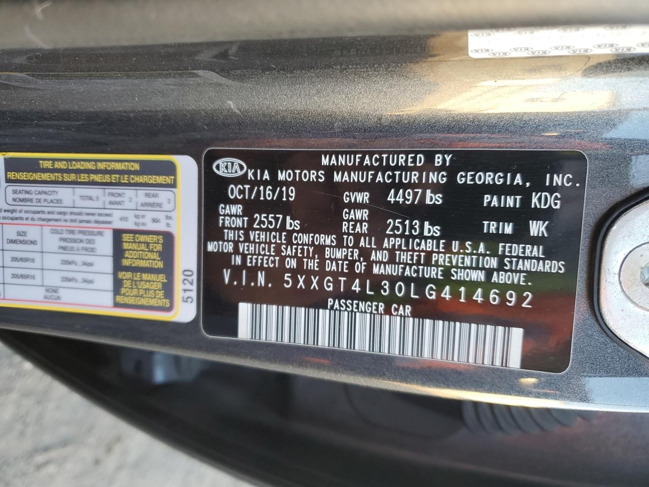 2020 Kia Optima Lx VIN: 5XXGT4L30LG414692 Lot: 87473285