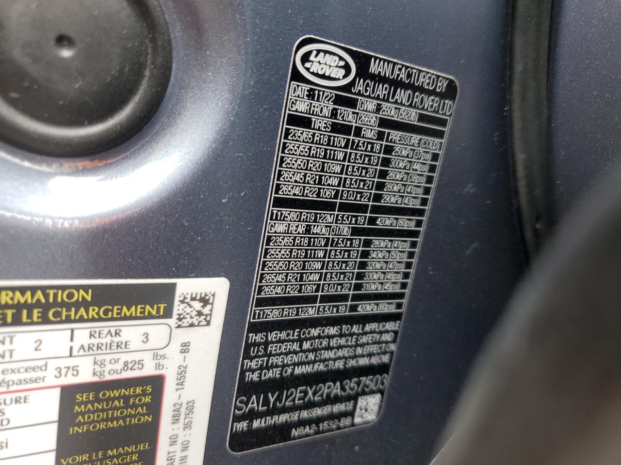 2023 Land Rover Range Rover Velar S VIN: SALYJ2EX2PA357503 Lot: 87126525