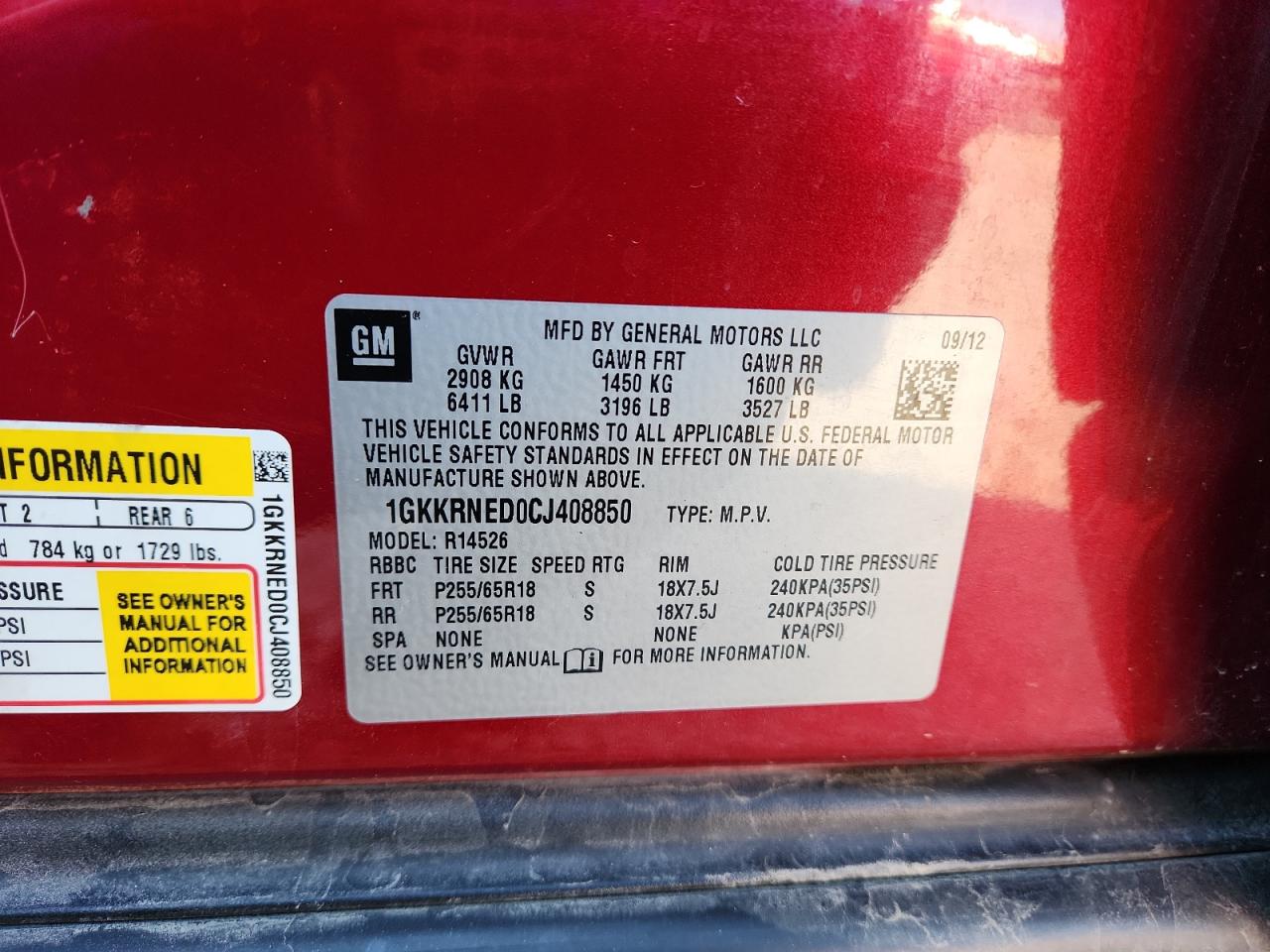 2012 GMC Acadia Sle VIN: 1GKKRNED0CJ408850 Lot: 82589185