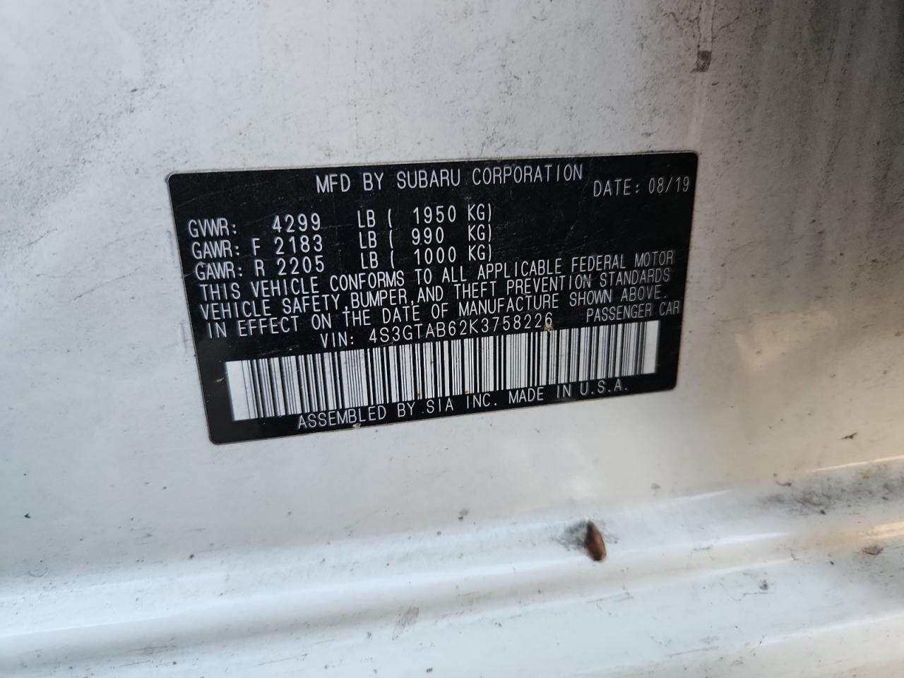 2019 Subaru Impreza VIN: 4S3GTAB62K3758226 Lot: 82708805