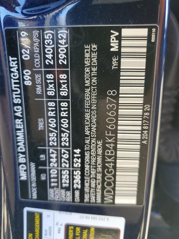 2019 Mercedes-Benz Glc 300 4Matic VIN: WDC0G4KB4KF606378 Lot: 86794035