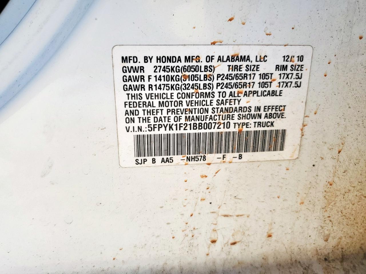 2011 Honda Ridgeline Rt VIN: 5FPYK1F21BB007210 Lot: 81909165