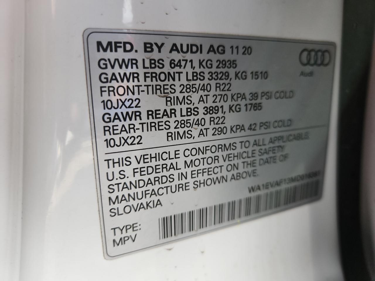 2021 Audi Q8 Premium Plus S-Line VIN: WA1EVAF13MD016361 Lot: 85722875