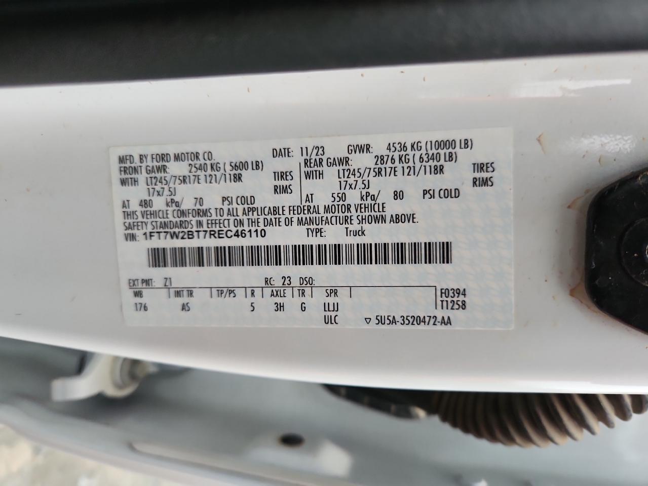 2024 Ford F250 Super Duty Utility / Service Truck VIN: 1FT7W2BT7REC46110 Lot: 87008835