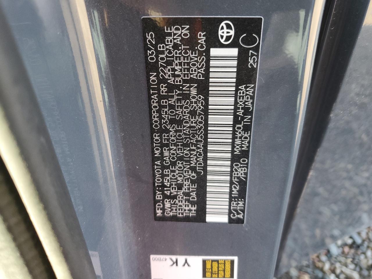 2025 Toyota Prius Le VIN: JTDACAAU5S3057959 Lot: 86216455