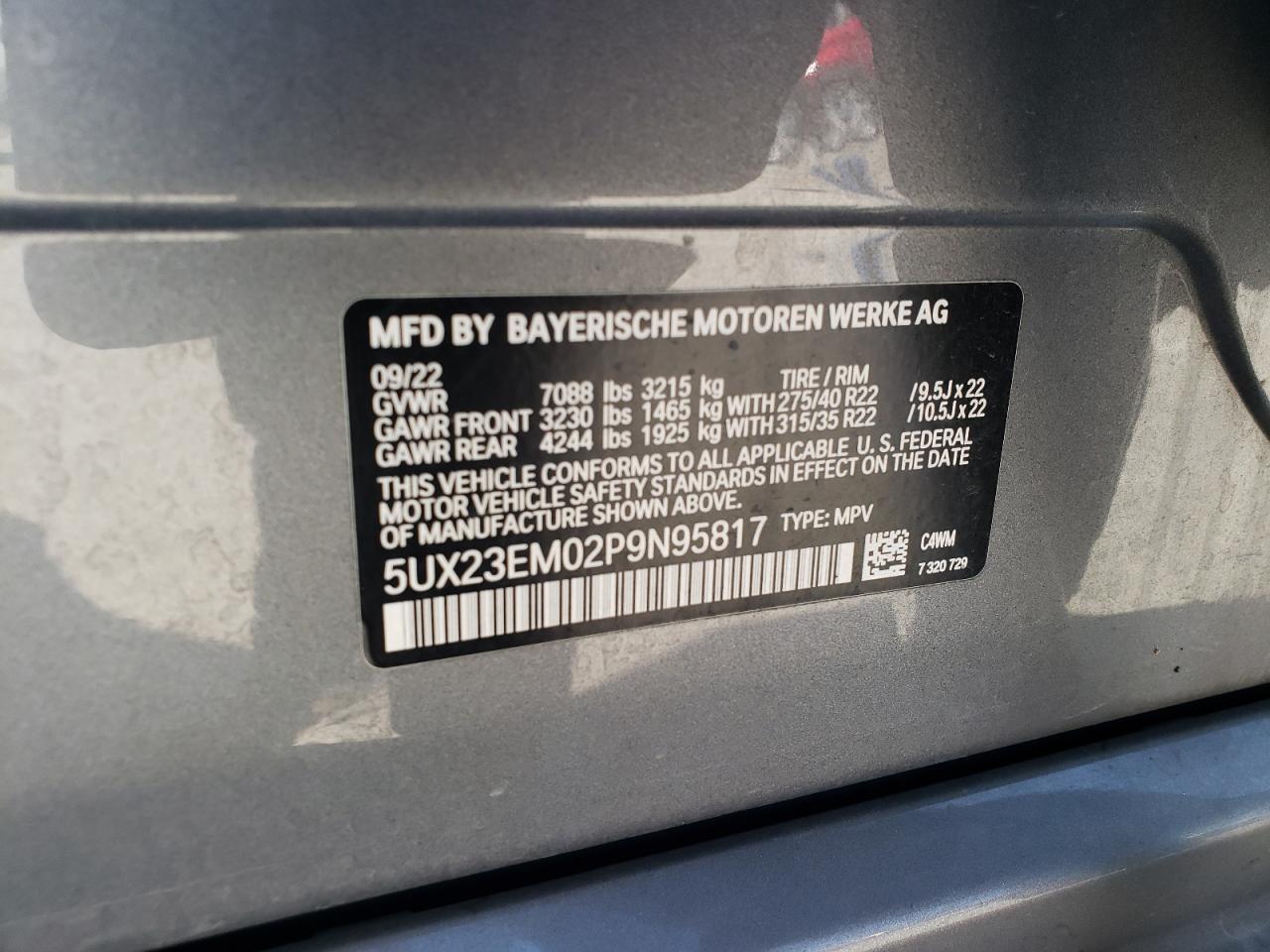 2023 BMW X7 xDrive40I VIN: 5UX23EM02P9N95817 Lot: 86076645