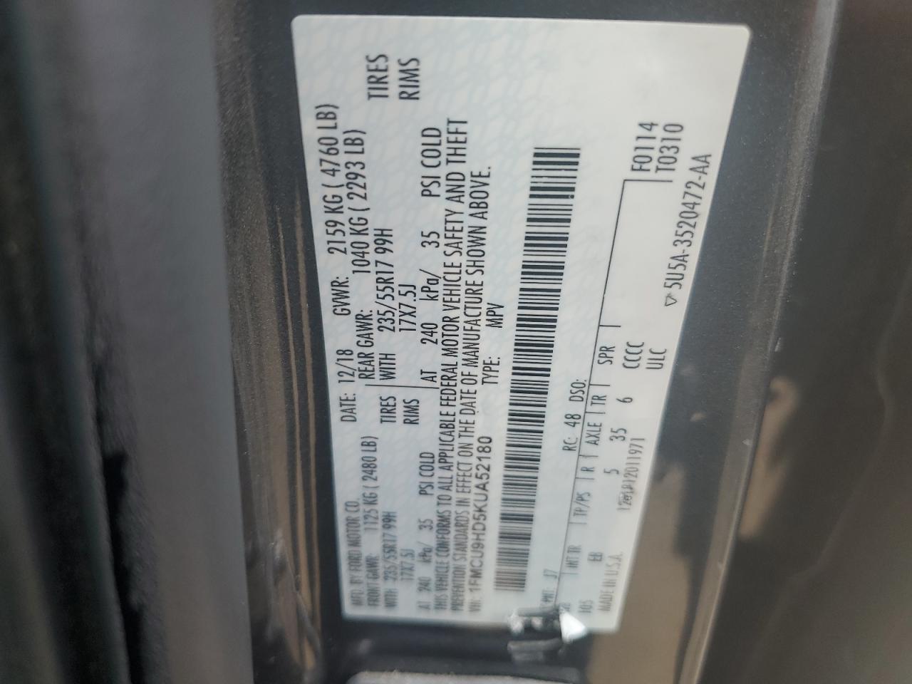 2019 Ford Escape Sel VIN: 1FMCU9HD5KUA52180 Lot: 85139355