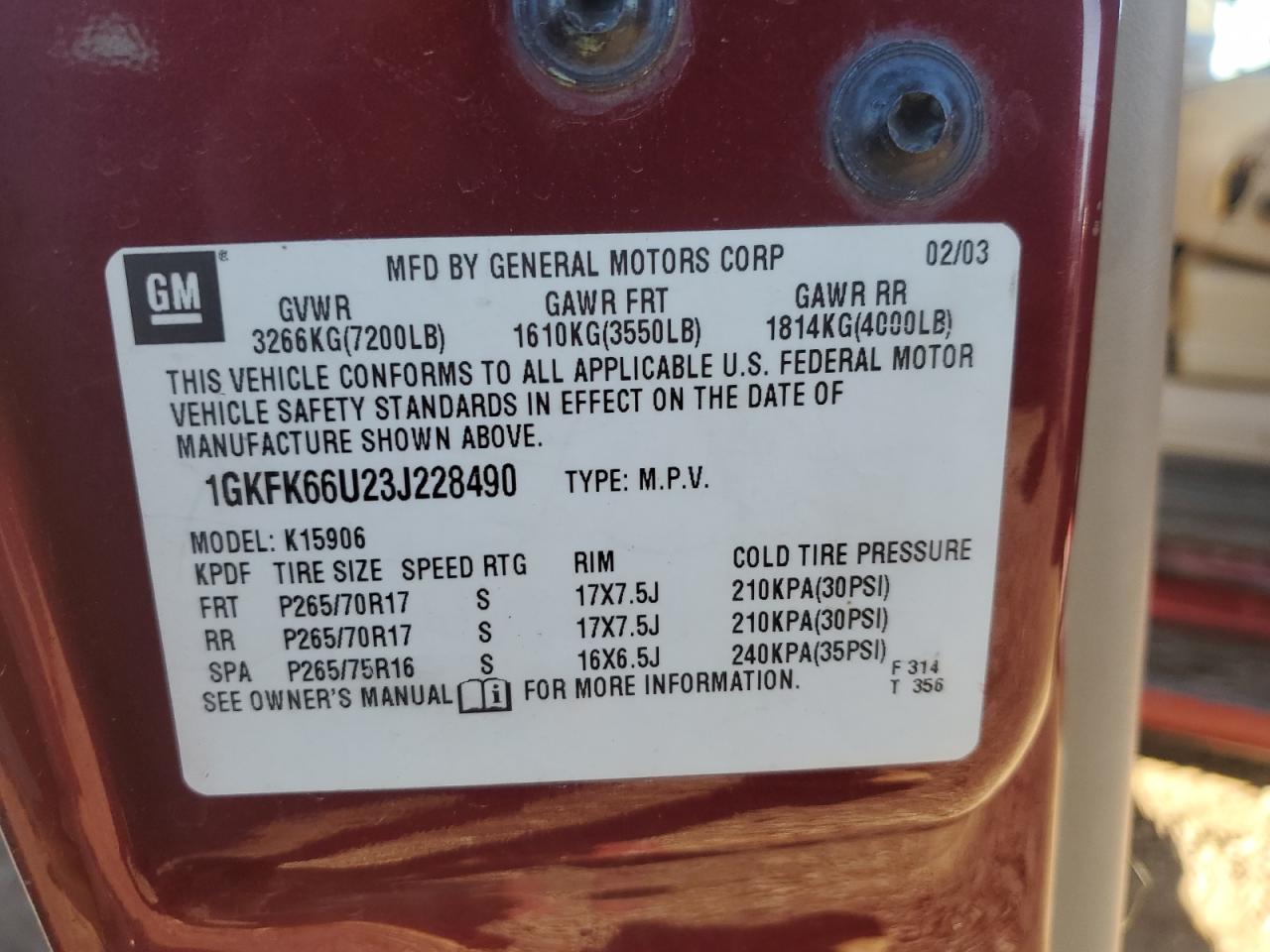 2003 GMC Yukon Xl Denali VIN: 1GKFK66U23J228490 Lot: 90460185