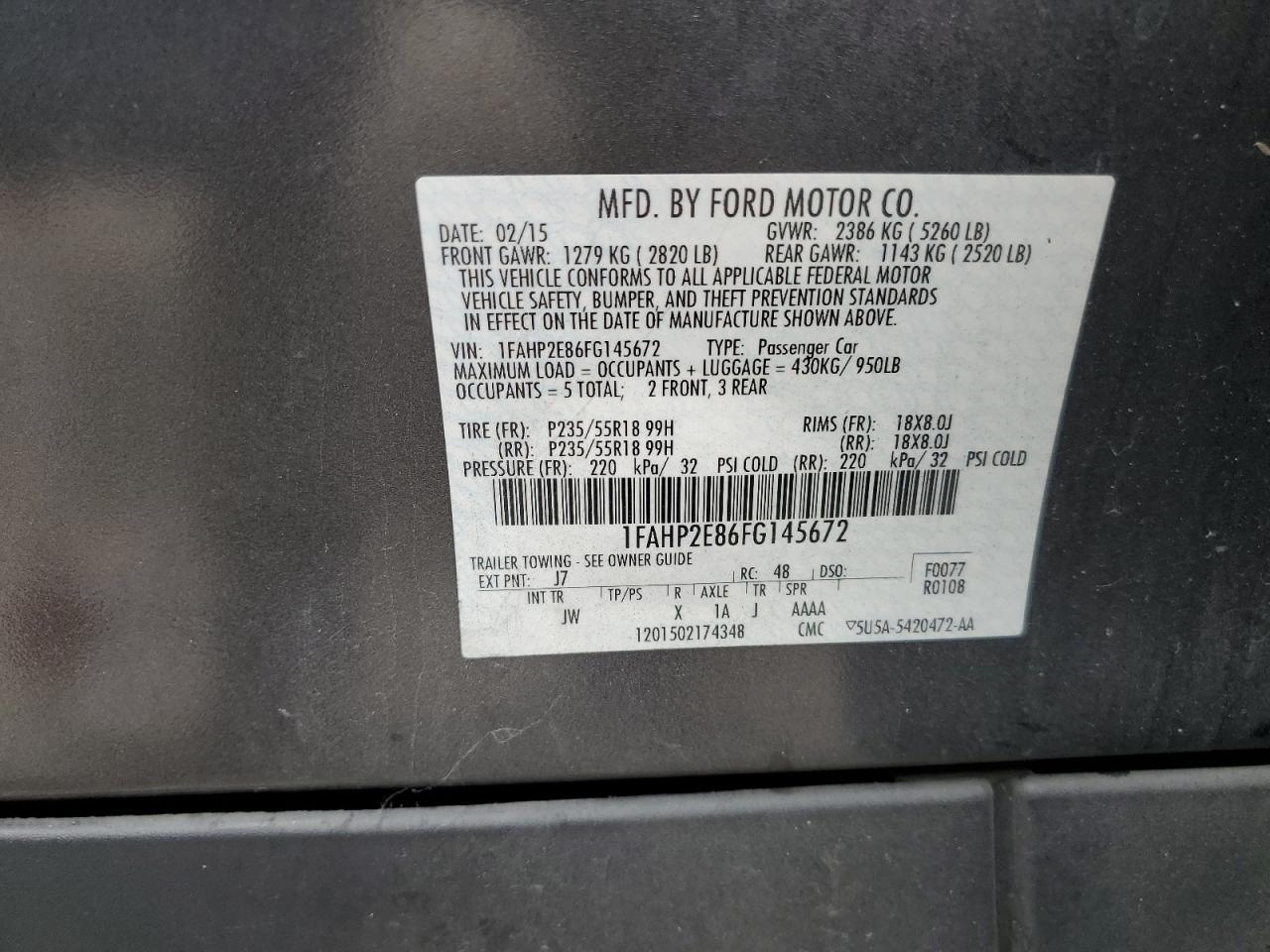 2015 Ford Taurus Sel VIN: 1FAHP2E86FG145672 Lot: 82230555