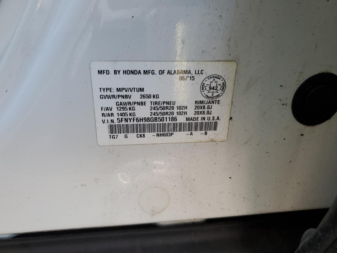 2016 Honda Pilot Touring VIN: 5FNYF6H98GB501186 Lot: 85890575