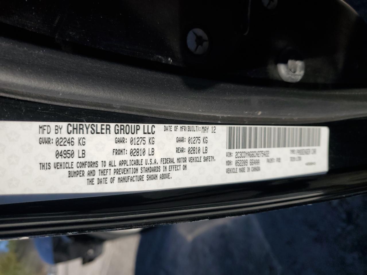 2012 Dodge Challenger Sxt VIN: 2C3CDYAG6CH275422 Lot: 87202605