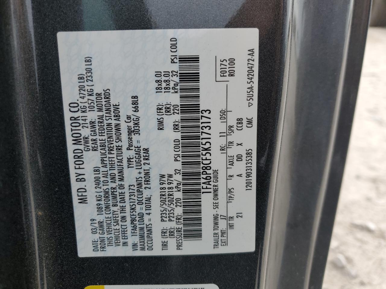 2019 Ford Mustang Gt VIN: 1FA6P8CF5K5173173 Lot: 85355395