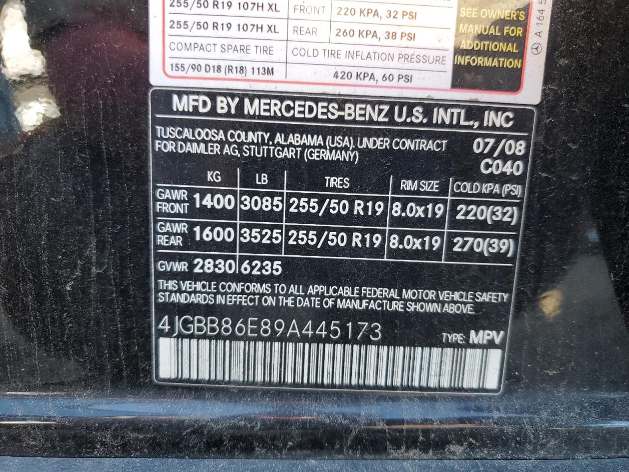 2009 Mercedes-Benz Ml 350 VIN: 4JGBB86E89A445173 Lot: 87367155