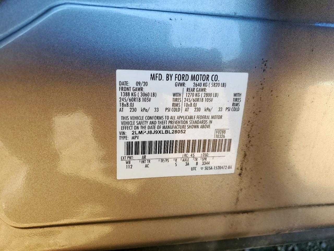 2020 Lincoln Nautilus VIN: 2LMPJ8J9XLBL28052 Lot: 90377815