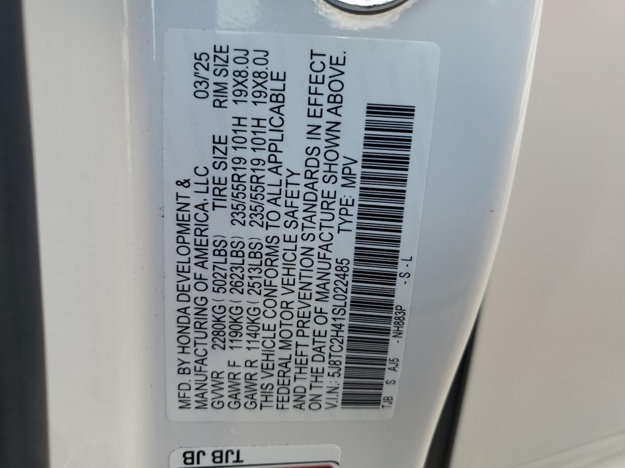 2025 Acura Rdx VIN: 5J8TC2H41SL022485 Lot: 90029265