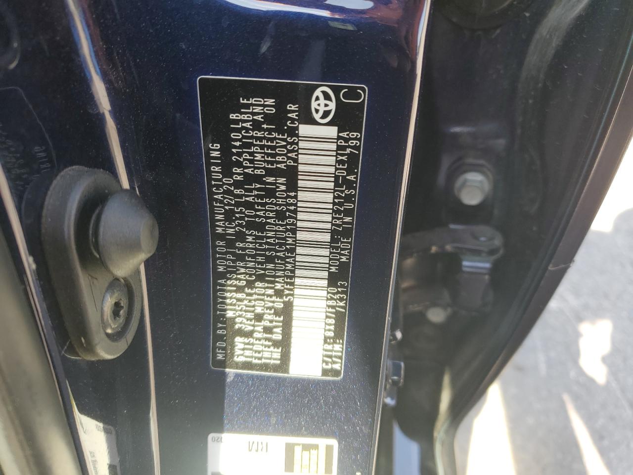 2021 Toyota Corolla Le VIN: 5YFEPMAE1MP197484 Lot: 85101675