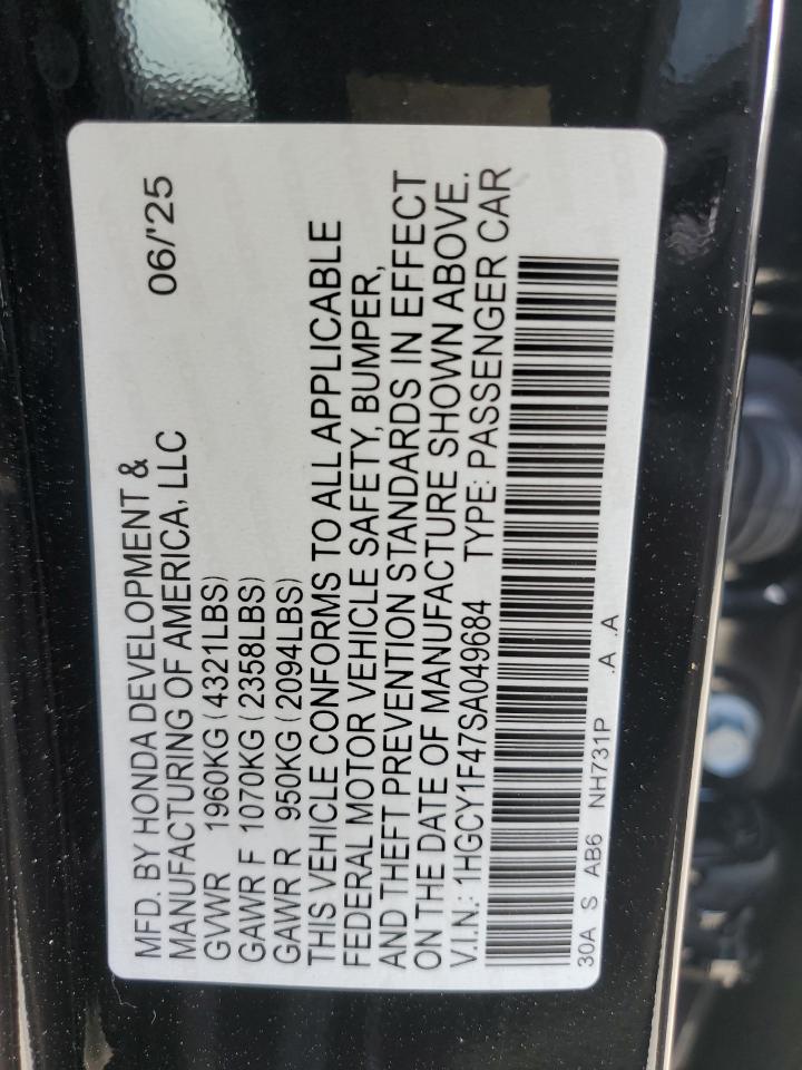 2025 Honda Accord Se VIN: 1HGCY1F47SA049684 Lot: 82464195
