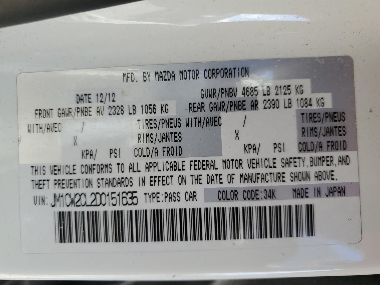 2013 Mazda 5 VIN: JM1CW2CL2D0151635 Lot: 85765165