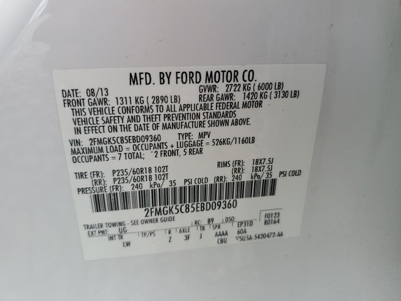 2014 Ford Flex Sel VIN: 2FMGK5C85EBD09360 Lot: 85330935