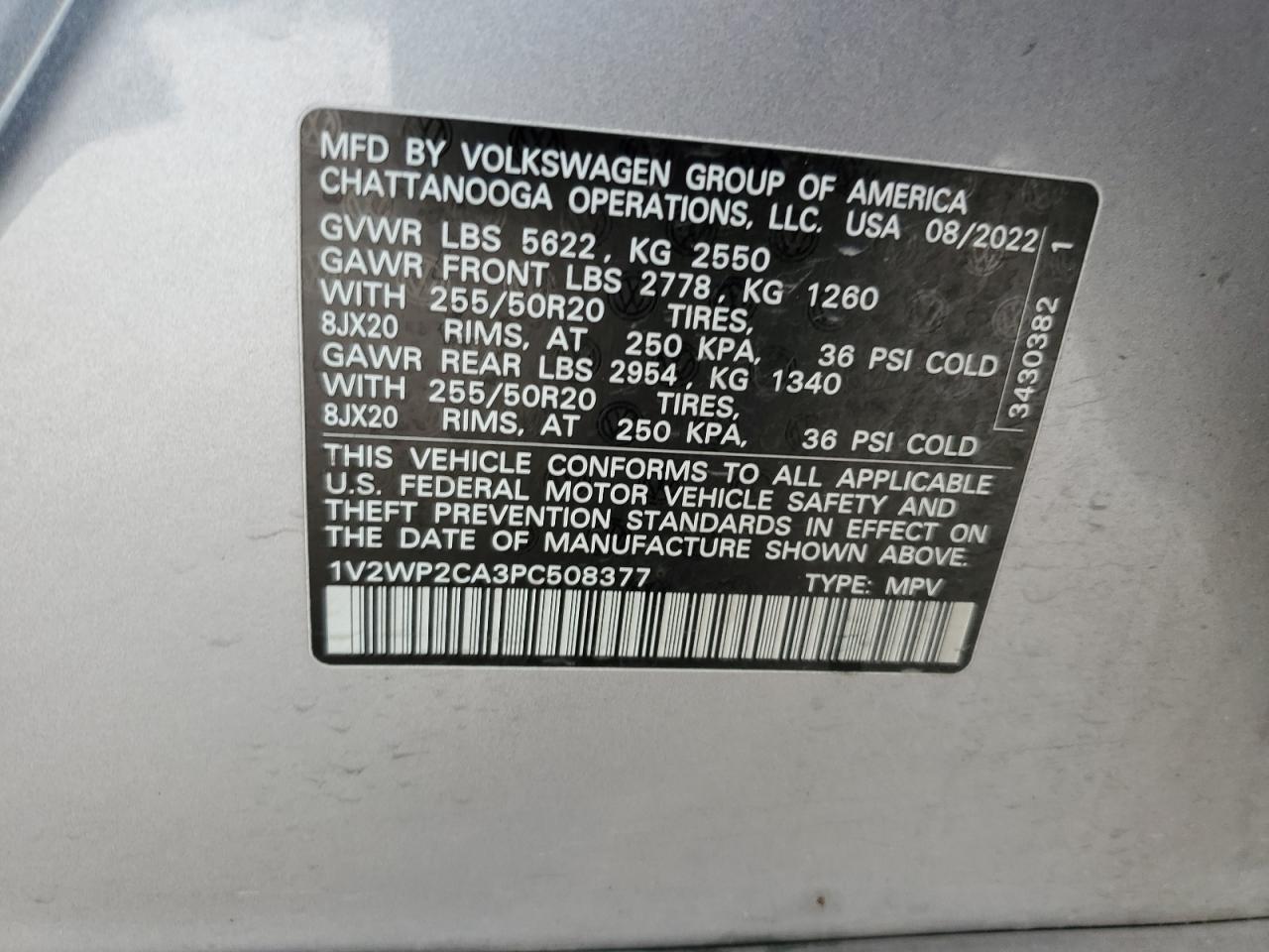 2023 Volkswagen Atlas Se VIN: 1V2WP2CA3PC508377 Lot: 87472015