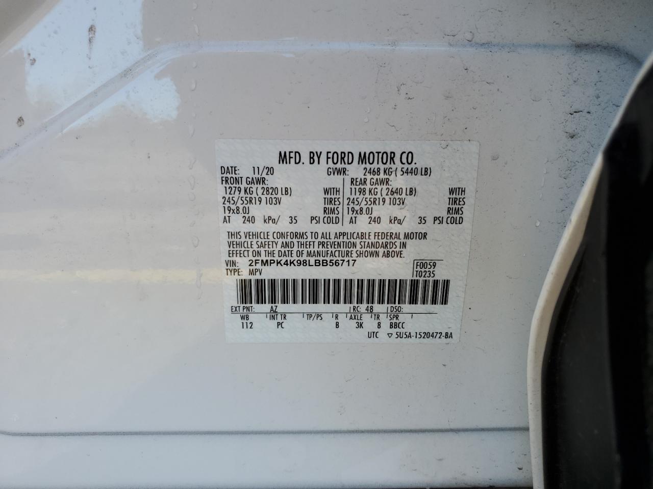 2020 Ford Edge Titanium VIN: 2FMPK4K98LBB56717 Lot: 85698795