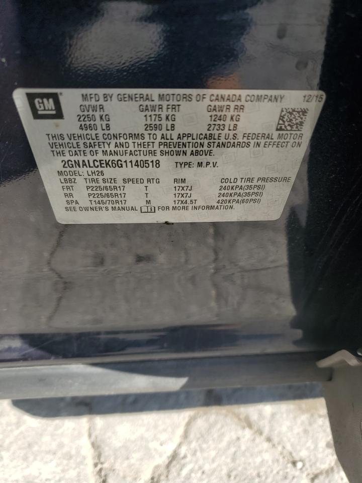 2016 Chevrolet Equinox Lt VIN: 2GNALCEK6G1140518 Lot: 85829575