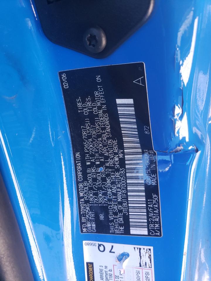 2007 Toyota Fj Cruiser VIN: JTEBU11F870005183 Lot: 85944115