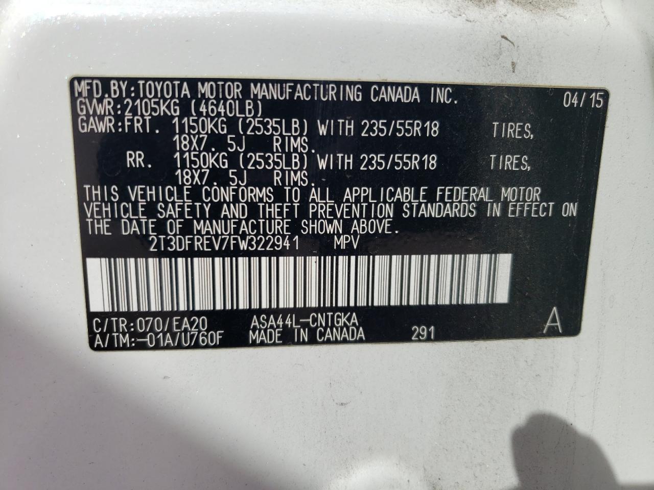 2015 Toyota Rav4 Limited VIN: 2T3DFREV7FW322941 Lot: 82280425