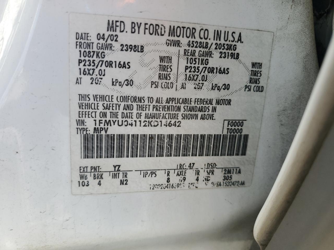 2002 Ford Escape Xlt VIN: 1FMYU04112KD14642 Lot: 90708395