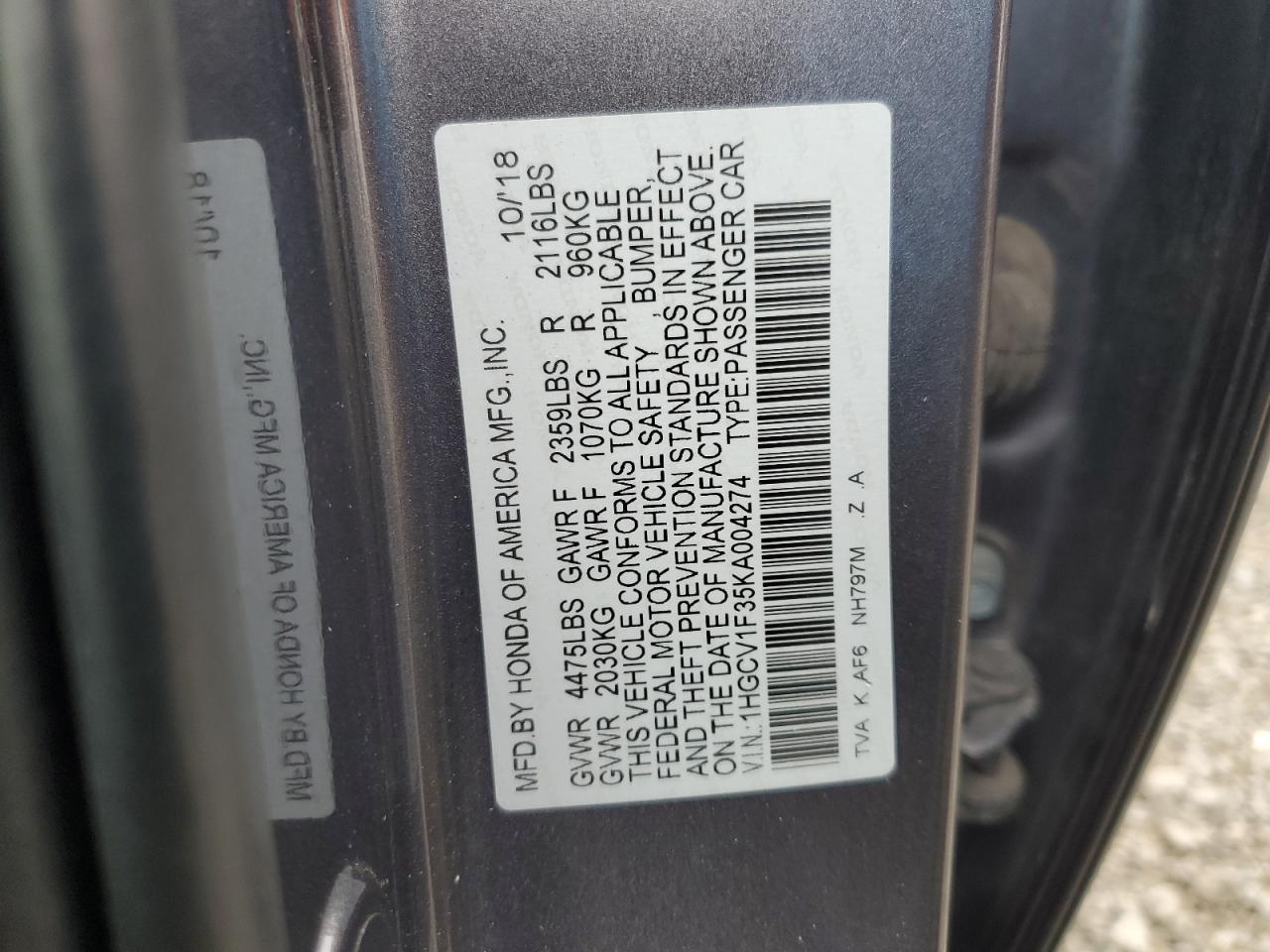 2019 Honda Accord Sport VIN: 1HGCV1F35KA004274 Lot: 85009355