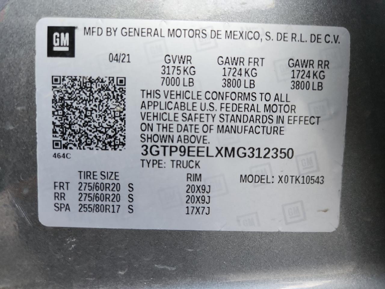 2021 GMC Sierra K1500 At4 VIN: 3GTP9EELXMG312350 Lot: 85884055