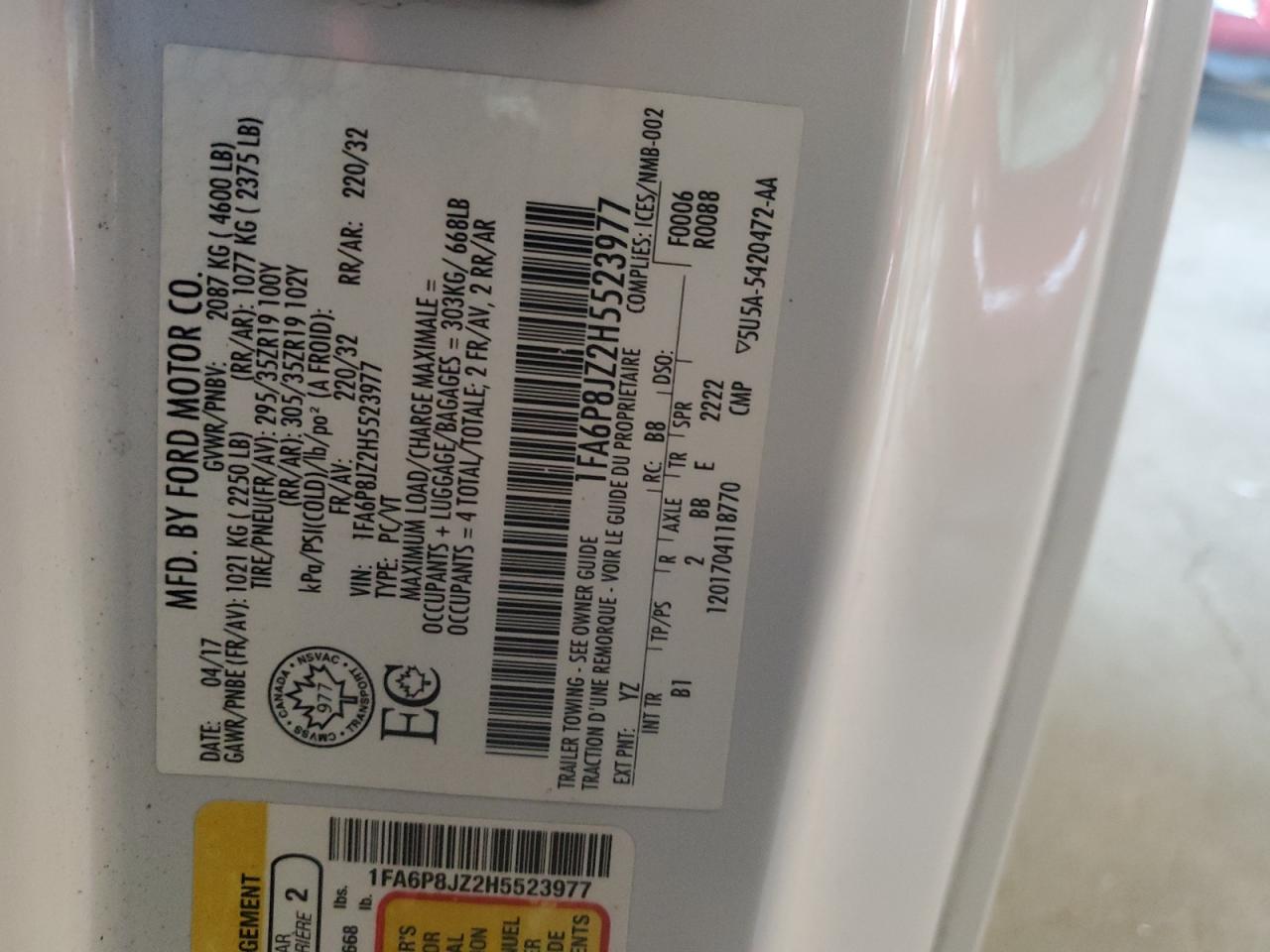 2017 Ford Mustang Shelby Gt350 VIN: 1FA6P8JZ2H5523977 Lot: 82288465