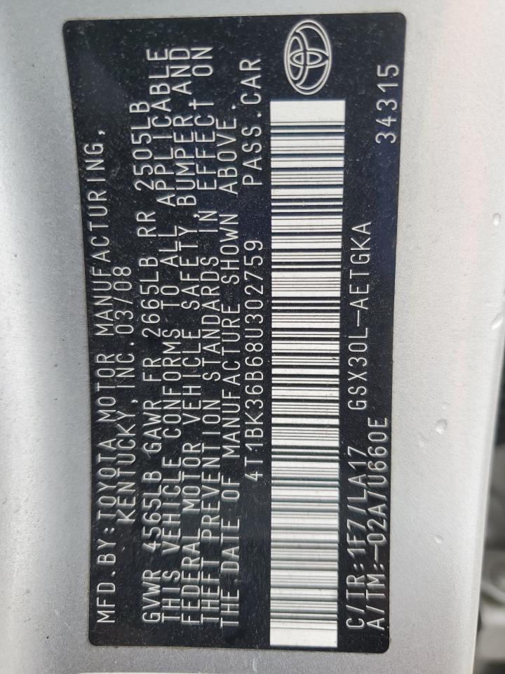 2008 Toyota Avalon Xl VIN: 4T1BK36B68U302759 Lot: 85367365