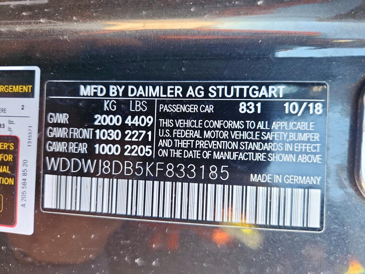 2019 Mercedes-Benz C 300 VIN: WDDWJ8DB5KF833185 Lot: 90311055